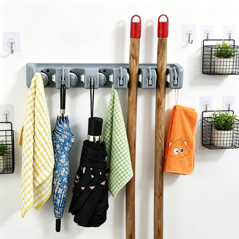 Wall Mount Mop Broom Holder Hanging Broom Organizer 6 Hooks and 5 Wide Grips