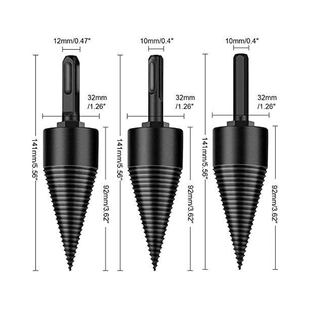 32mm Cone Firewood Log Splitter with 3Pcs Screw Drill Bits Hex Square Round