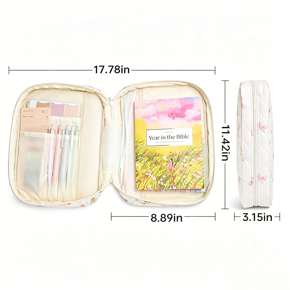 Quilted Book Cover Bag with Pen Loops Ribbon Bookmark Zipper