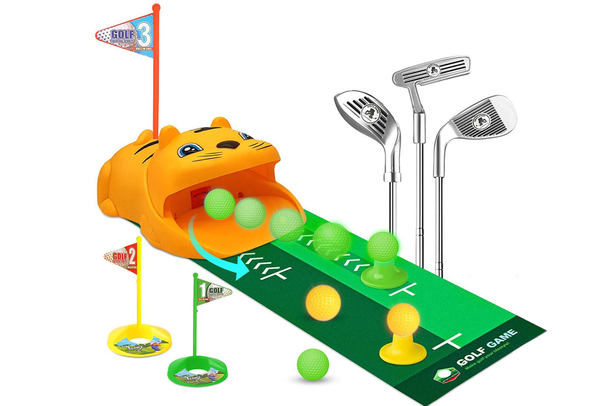 Toy Golf Set with Tiger Automatic Ball Returner Golf Clubs Putter Mat for Indoor Outdoor Play