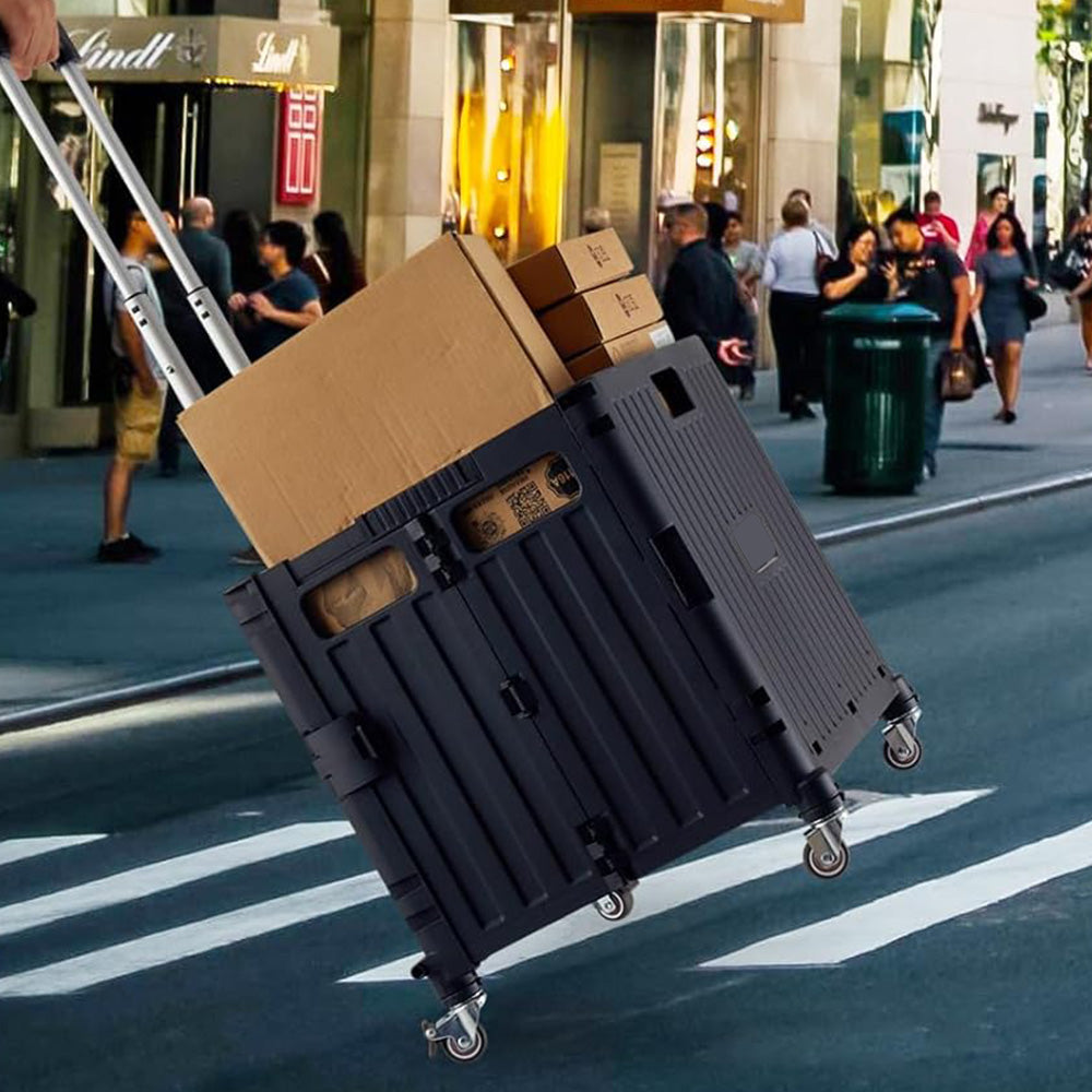65L Foldable Utility Cart with Lid & 360 Degree Wheels Portable Rolling Crate-Black