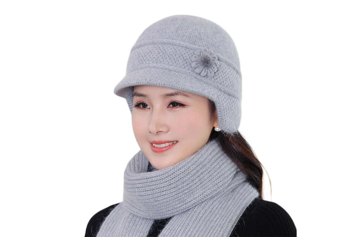 Winter Warm Earflap Hat Scarf Set for Elderly & Middle-Aged Ladies Women