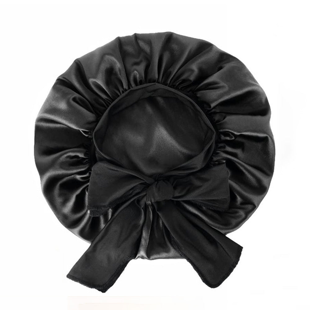 Polyester Satin Hair Bonnet with Tie Band for Sleeping-Black