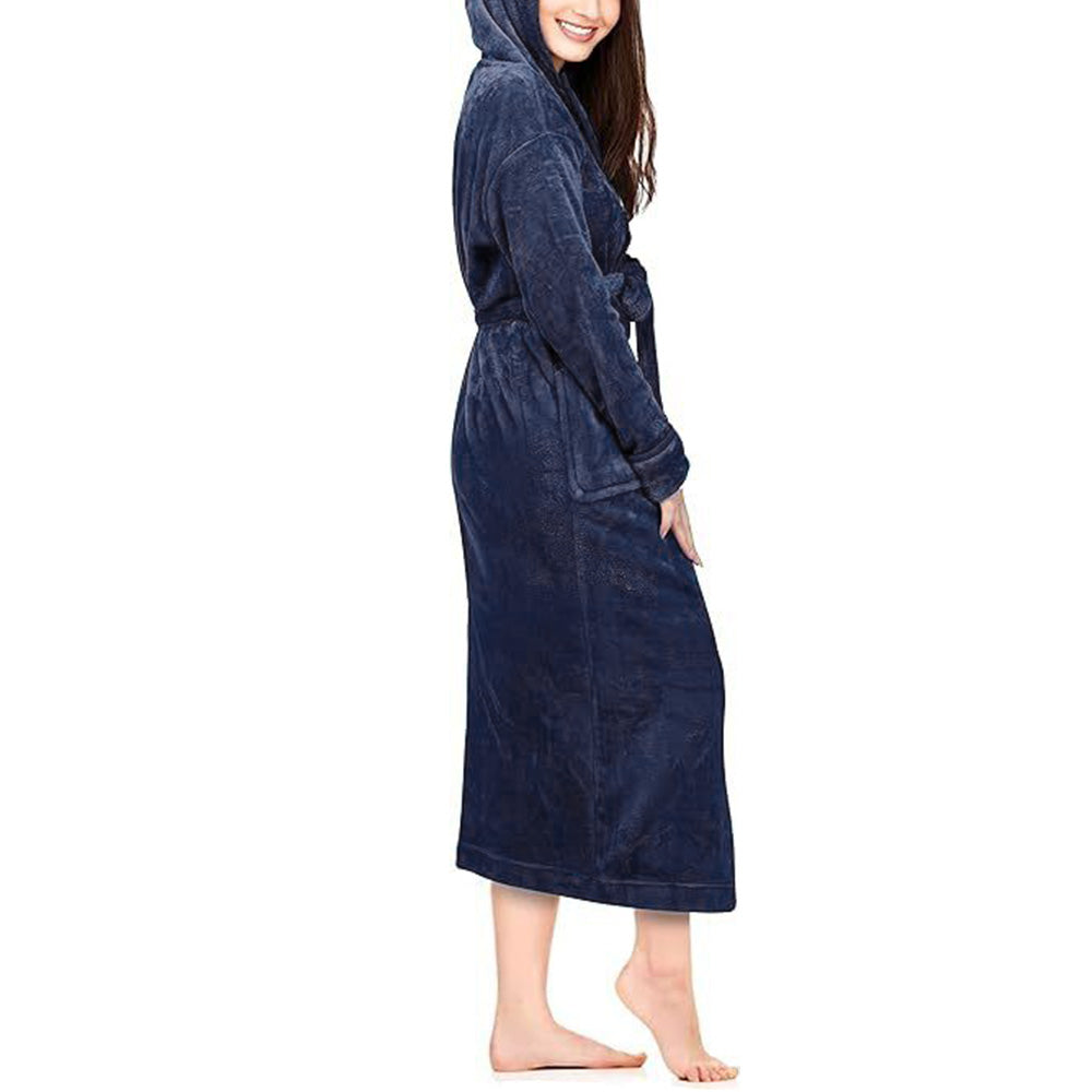 Women Robe Hood Flannel Fleece Full Length Bathrobe Shower Nightgown-Navy