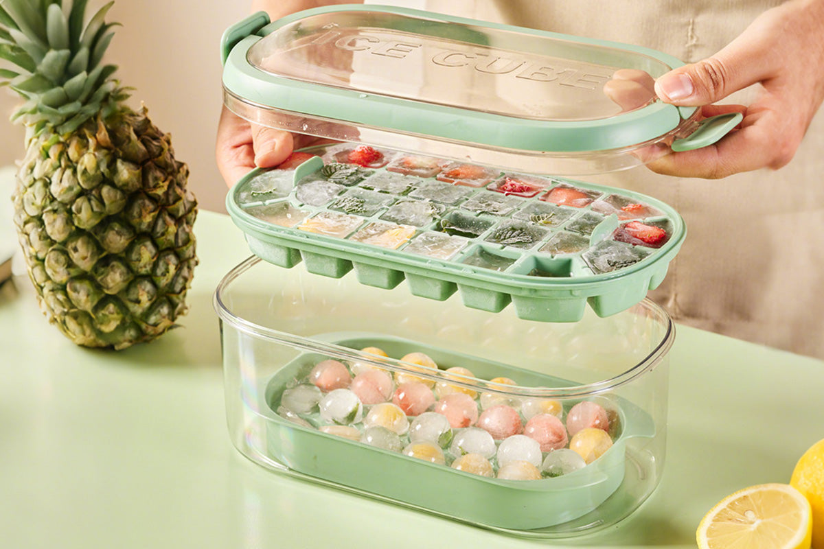 2-Tier Ice Cube Tray Mold with Press-Release Lid and Storage Box for Kitchen