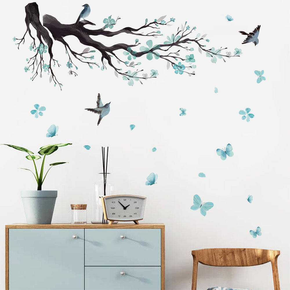 Watercolor Blue Flower Wall Decals Blossom Bird Tree Branch Wall Stickers