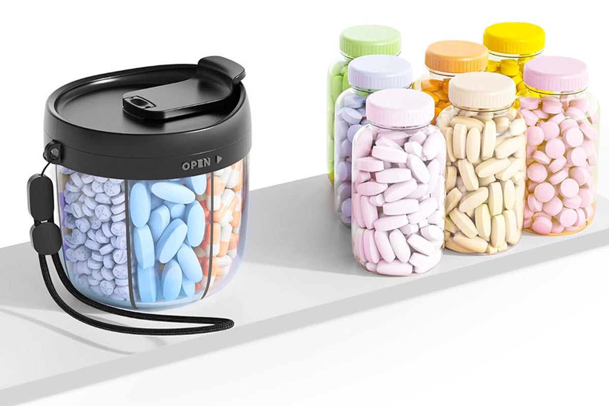 7 Compartments Pill Organizer Bottle with Handle and Rotating Lid for Travel Use