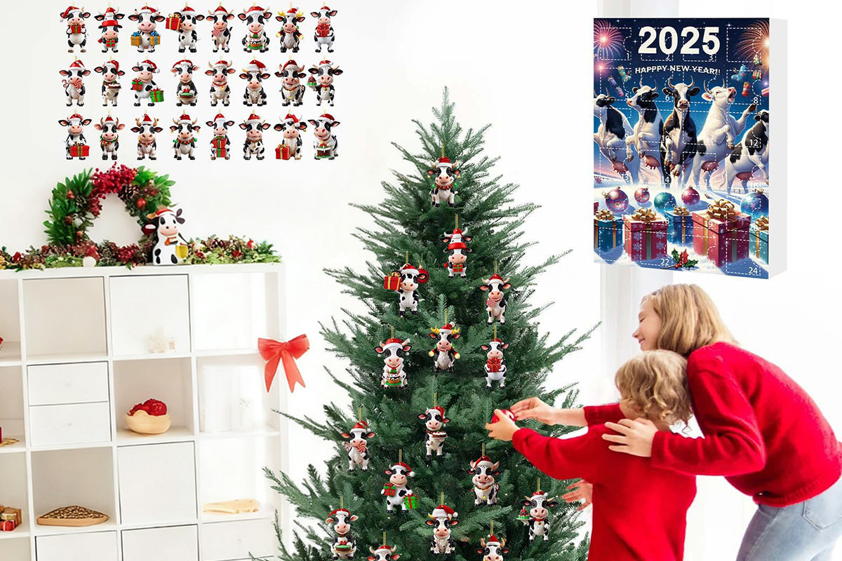 2025 Christmas Cow Advent Calendar Blind Box 24 Days Ornaments Set for Tree