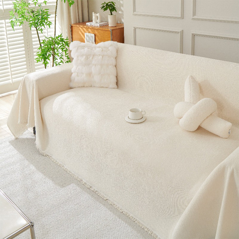 Chenille Sofa Slipcover Washable Couch Cover Sofa Dogs Furniture Protector with Tassels-Beige