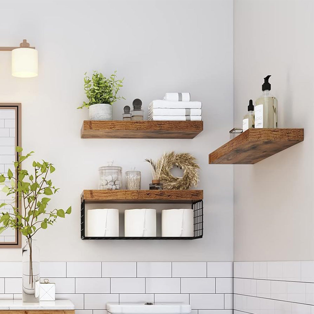 3 Tier Bathroom Shelf Wall Mounted Floating Shelf with Storage Basket