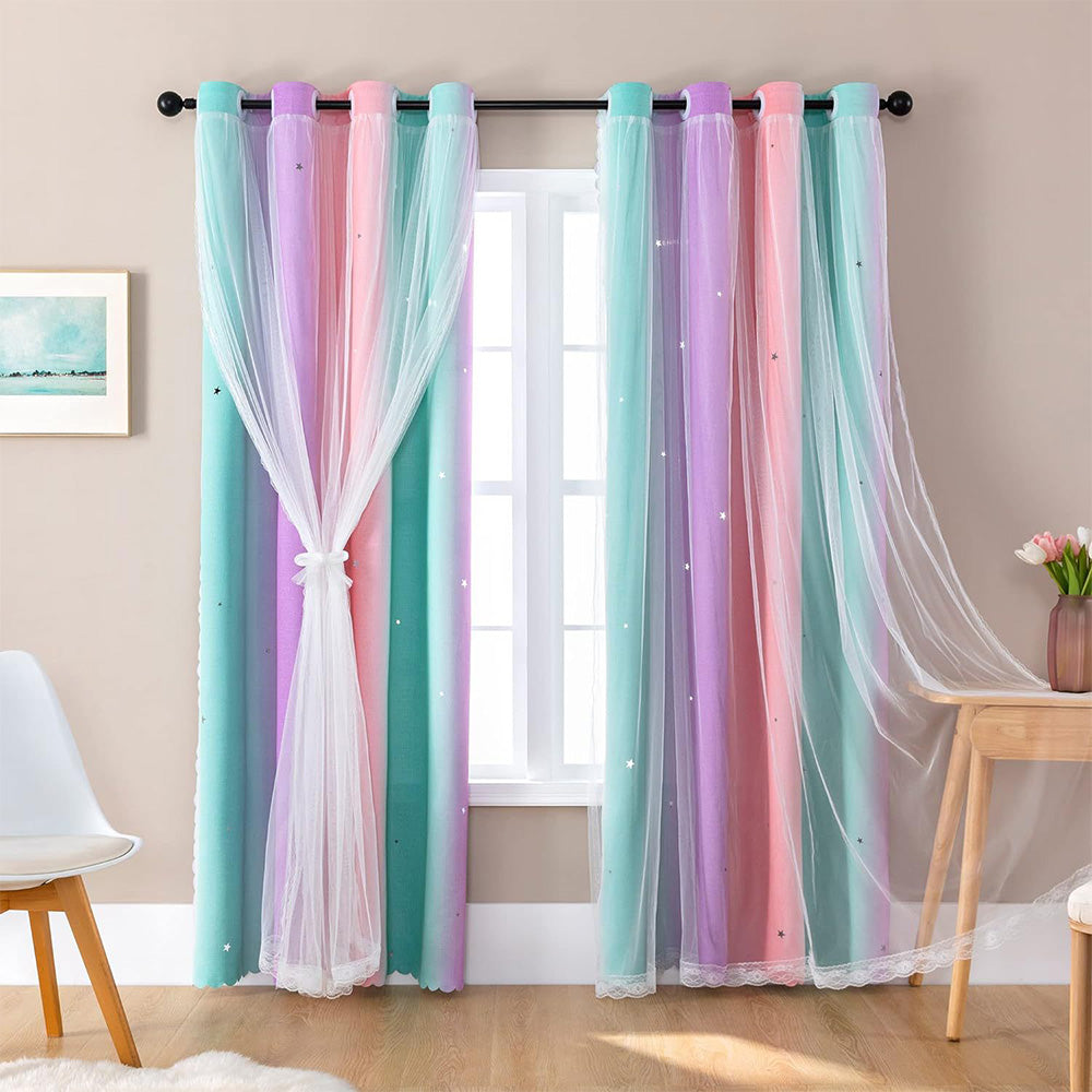 Colorful Double-Layer Blackout Curtain for Bedroom Decor with Laser-Cut Star Design