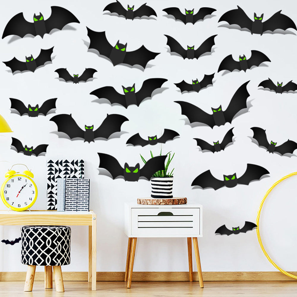 144Pcs 3D Black Bat With Glow Eyes Halloween Decorative Bats Wall Stickers