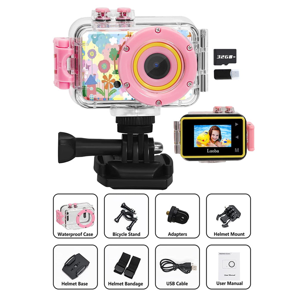Kids Waterproof Camera Toys Outdoor Sports Camera with 32GB Memory Card