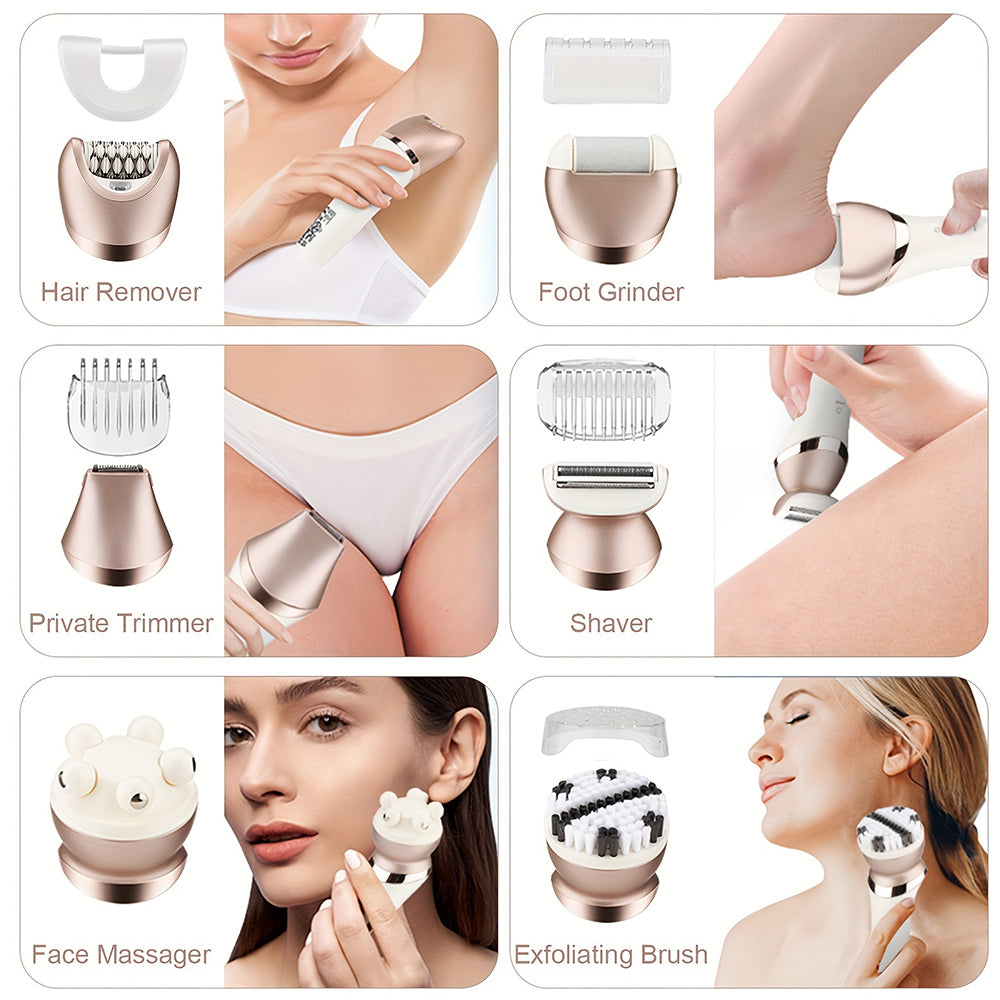 6-in-1 Painless Electric Shaver for Women Cordless Face Foot Body Hair Grooming Set