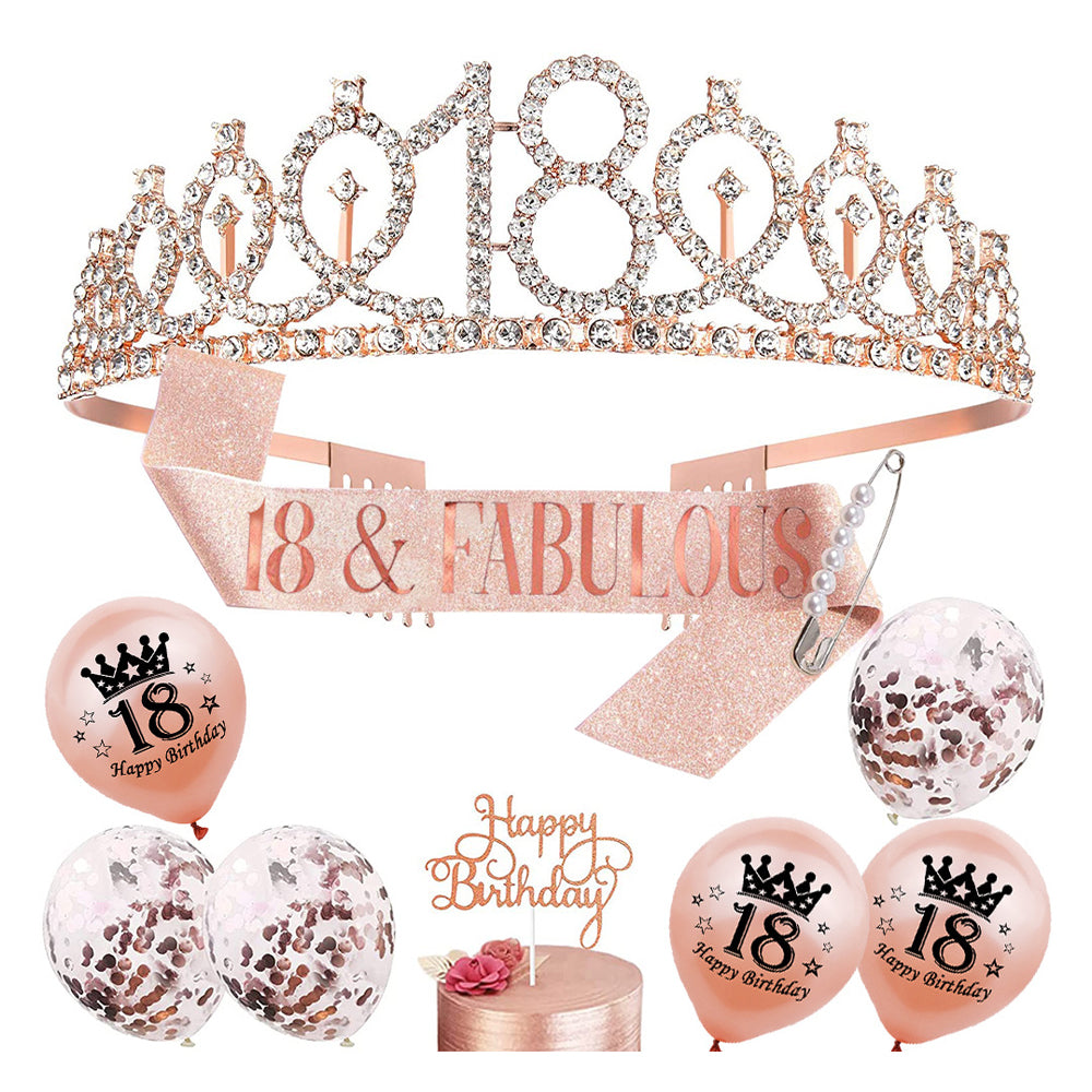 10 PCs Birthday Decoration Set Birthday Gift Tiara Crown and Sash-18th Birthday Decoration