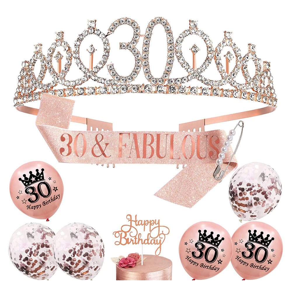 10 PCs Birthday Decoration Set Birthday Gift Tiara Crown and Sash-30th Birthday Decoration