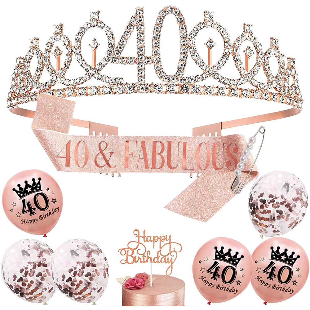 10 PCs Birthday Decoration Set Birthday Gift Tiara Crown and Sash-40th Birthday Decoration