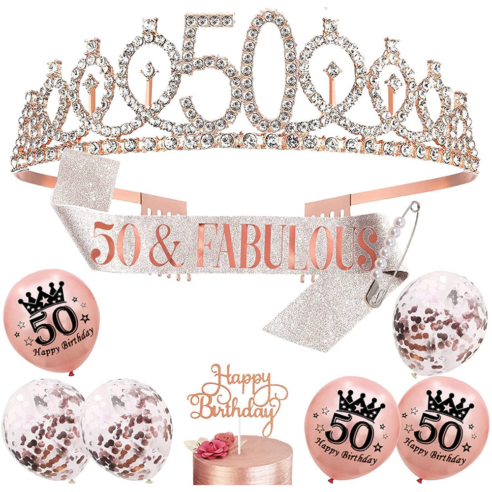 10 PCs Birthday Decoration Set Birthday Gift Tiara Crown and Sash-50th Birthday Decoration