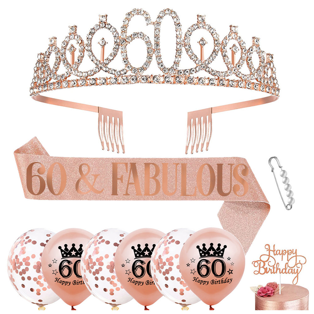 10 PCs Birthday Decoration Set Birthday Gift Tiara Crown and Sash-60th Birthday Decoration