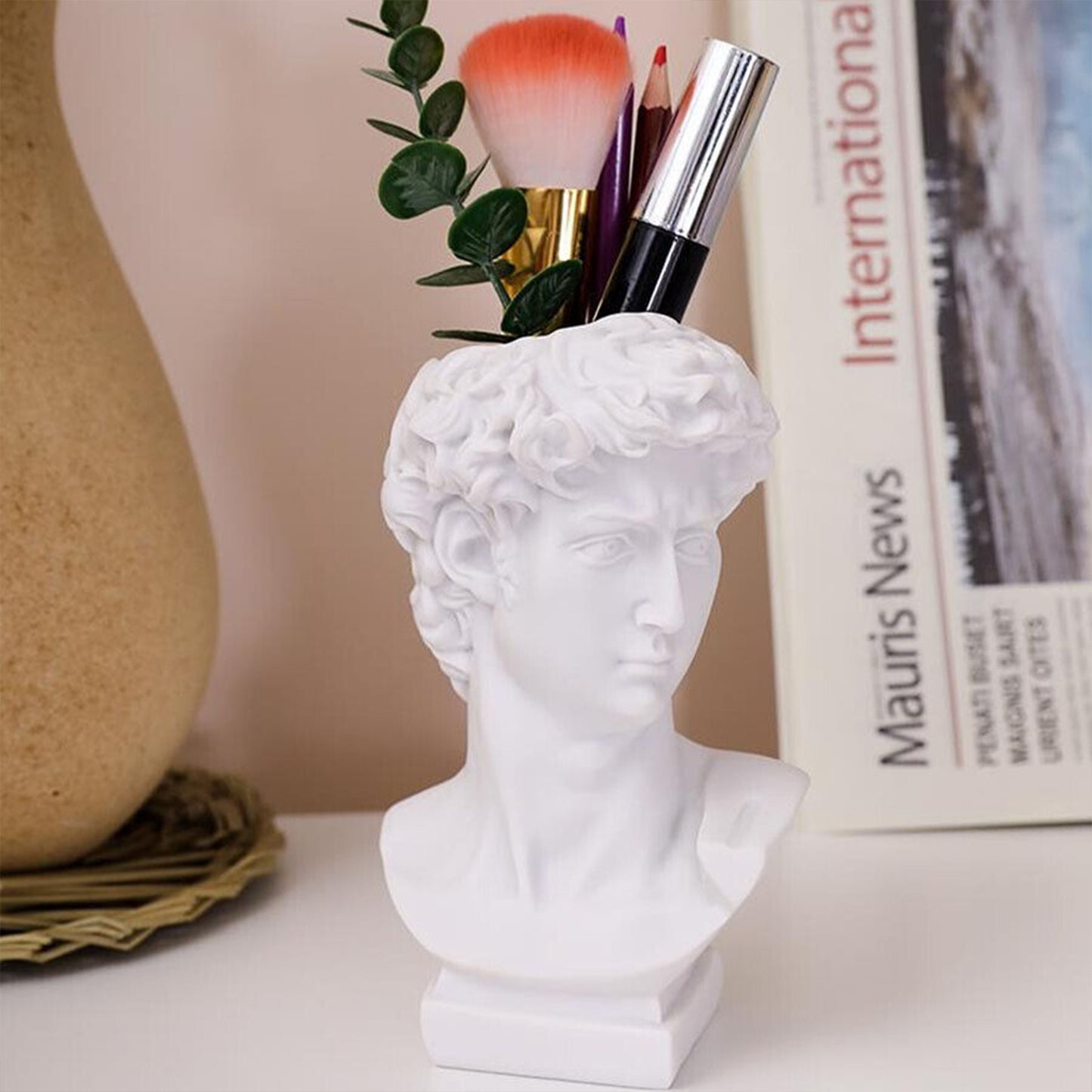 2Pcs Resin Creative Human Head Sculpture Makeup Brush Storage Box Flower Pot Pen Holder