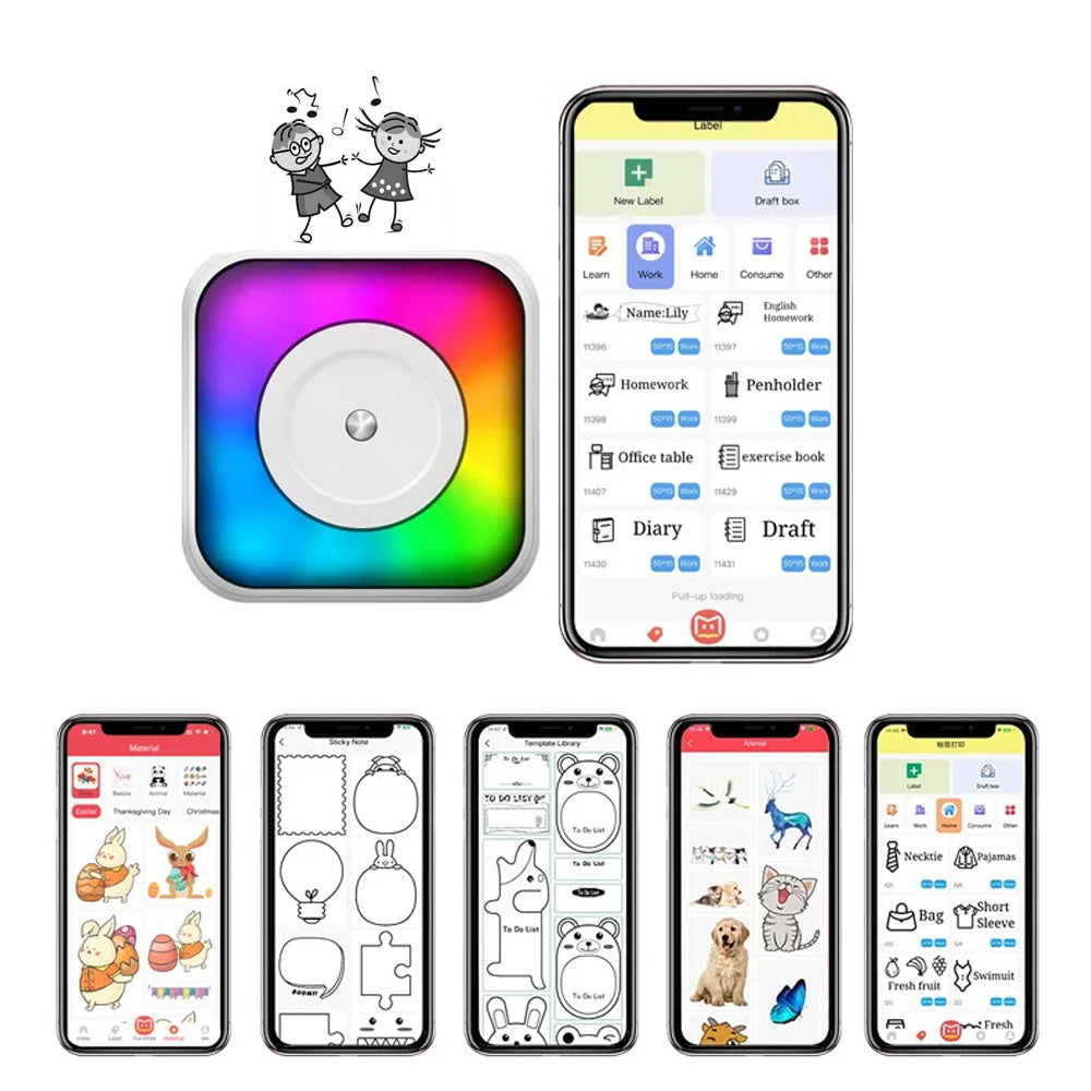 Pocket Printer RGB Light with 5 Rolls Papers and Stickers