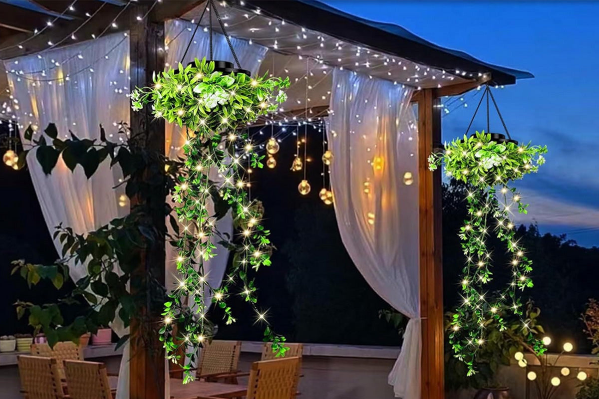 Solar Hanging Light with Artificial Green Vine Garden Decor Outdoor Hanging Solar Lamp Fake Trailing Plant Light for Patio Balcony