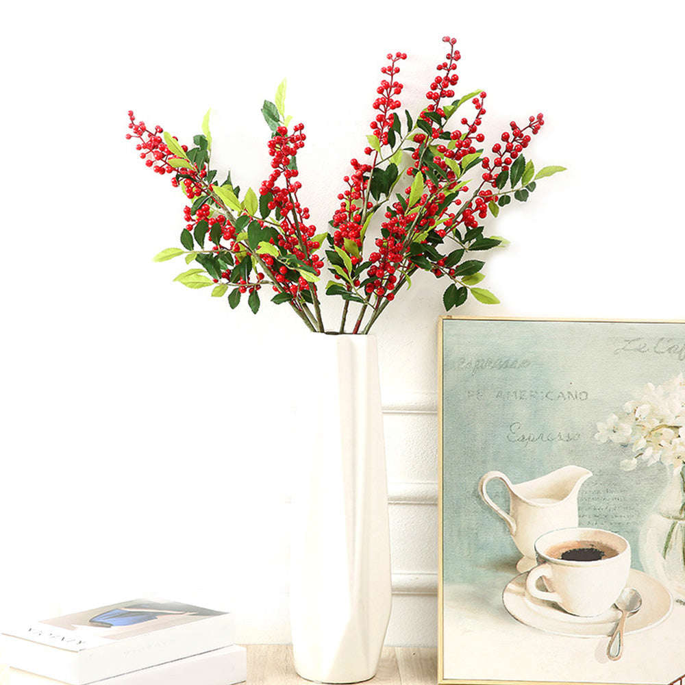 3Pcs 67cm Christmas Red Berry Holly Branch Pine Cone Artificial Flower Xmas Decor