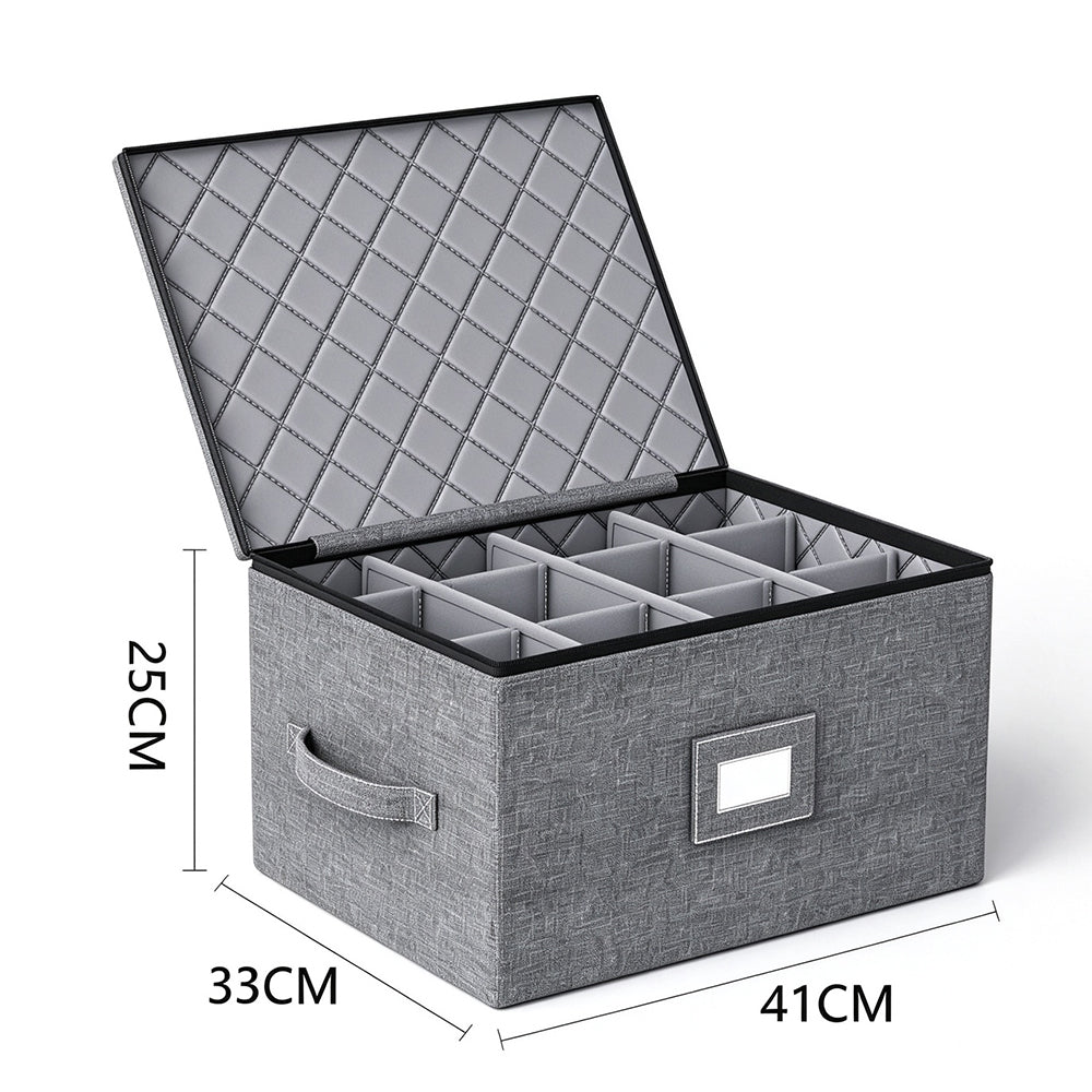 12 Compartment Quilted Fabric Wine Glass Storage Box with Dividers