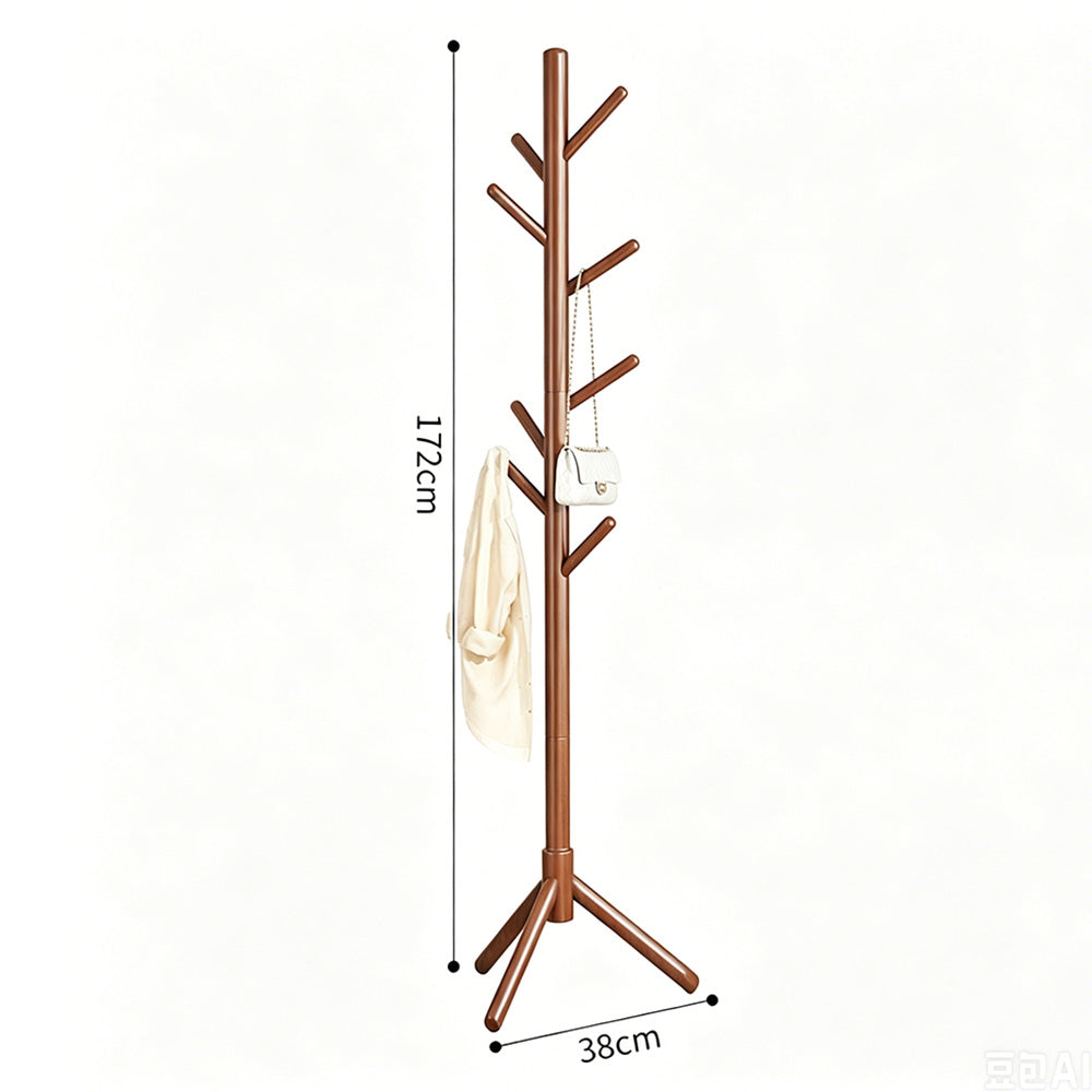 Solid Wood Freestanding Coat Rack with 8 Hooks Tripod Base for Bedroom Entryway