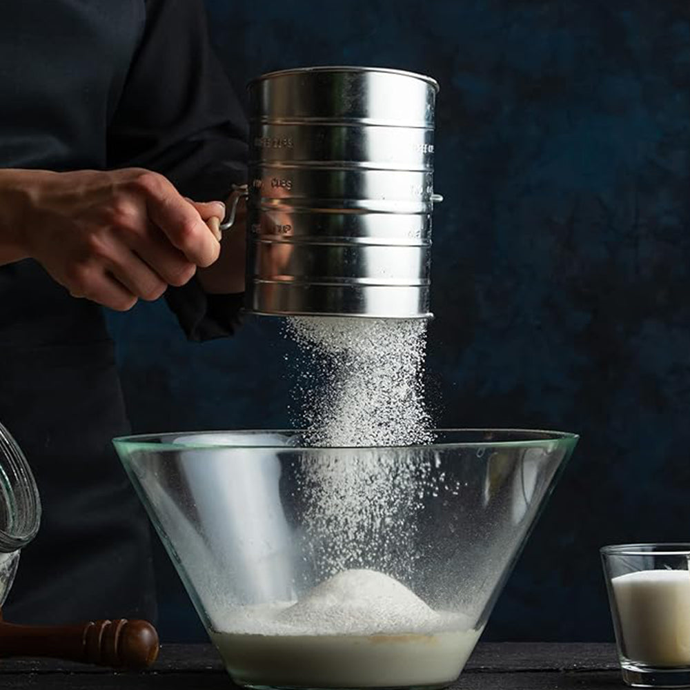 Mesh Flour Sifter Baking Icing Sieve Strainer Cup Sugar Shaker Mechanical Metal