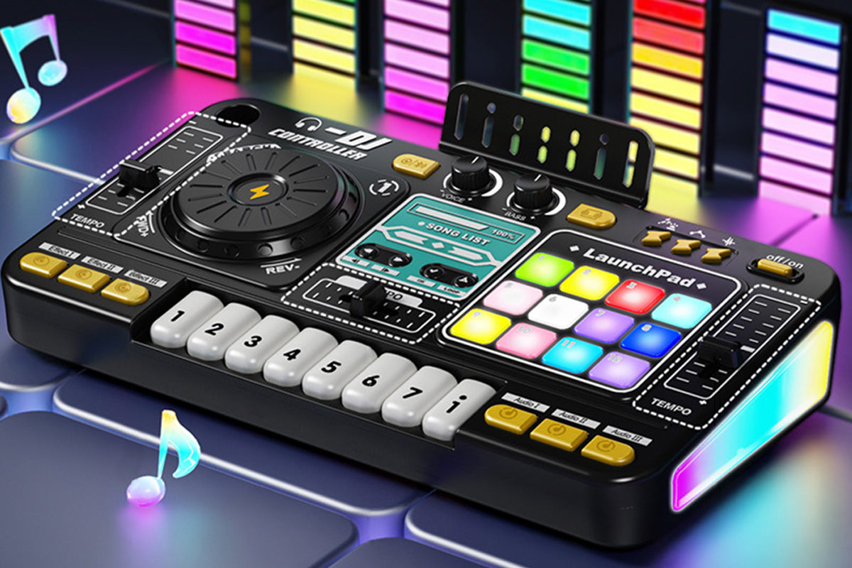 DJ Mixer Controller Musical Toy with Mic and LED Lights Piano Keys