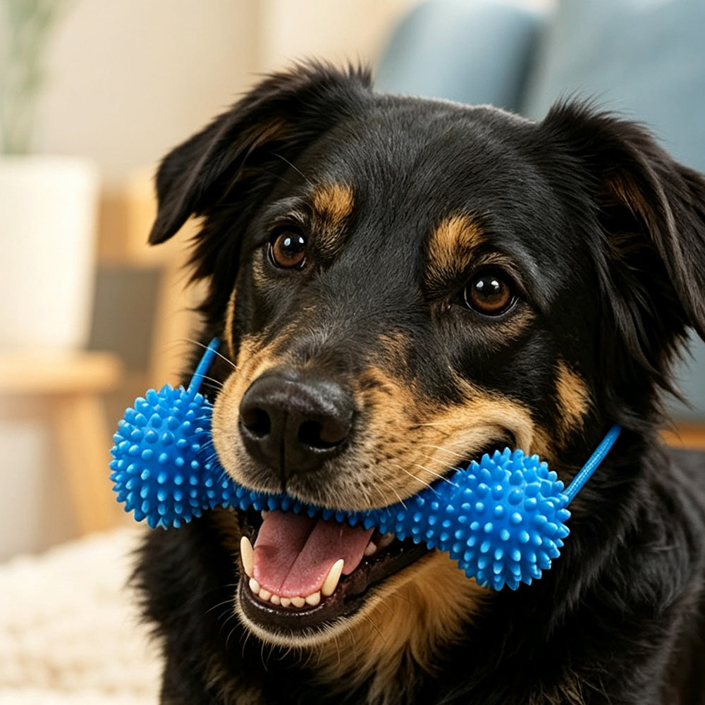 Durable Rubber Bone Dog Chew Toy with 2 Toothbrushes for Training & Solo Play