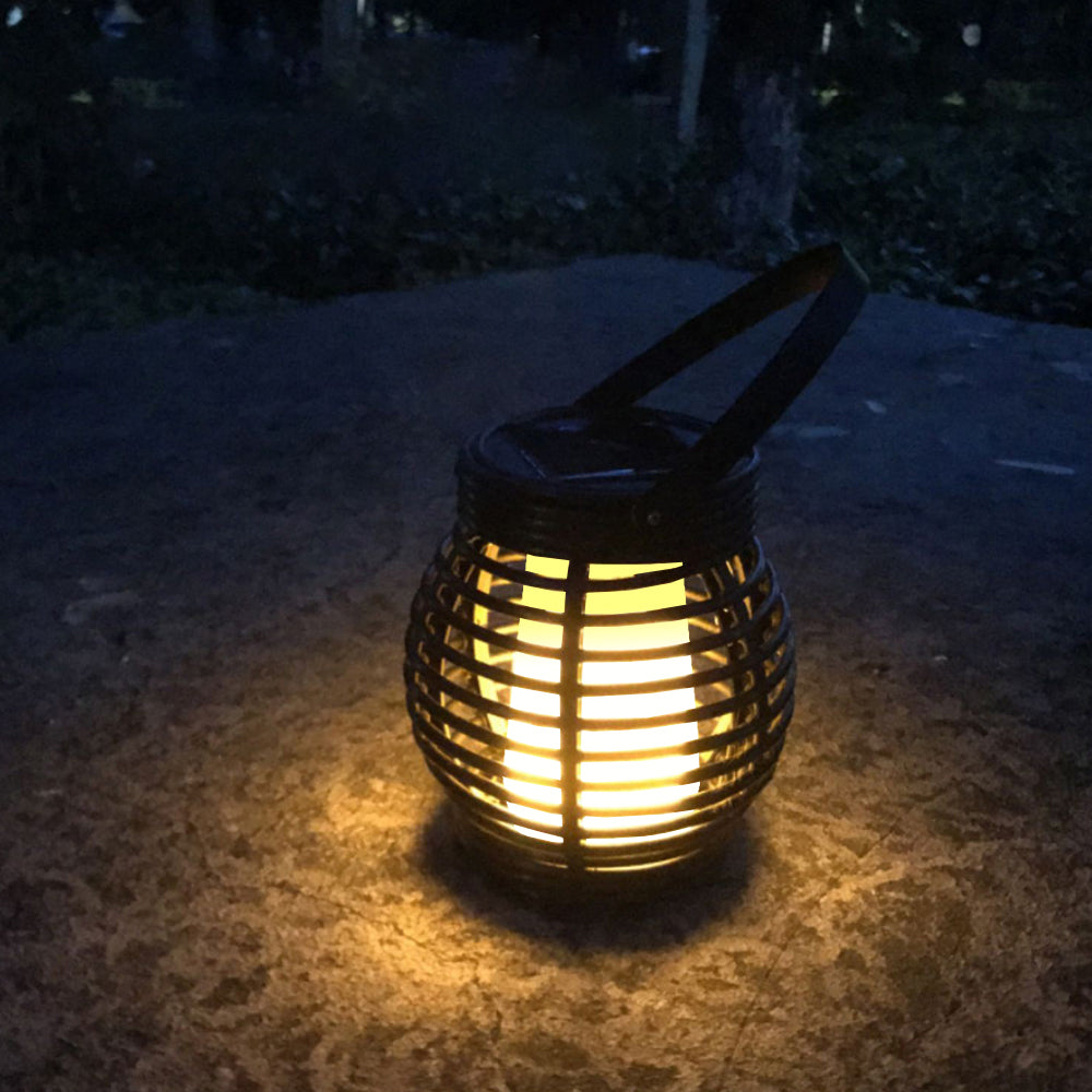 2Pcs Portable Simulated Rattan Flame Round Solar Lantern Lamp