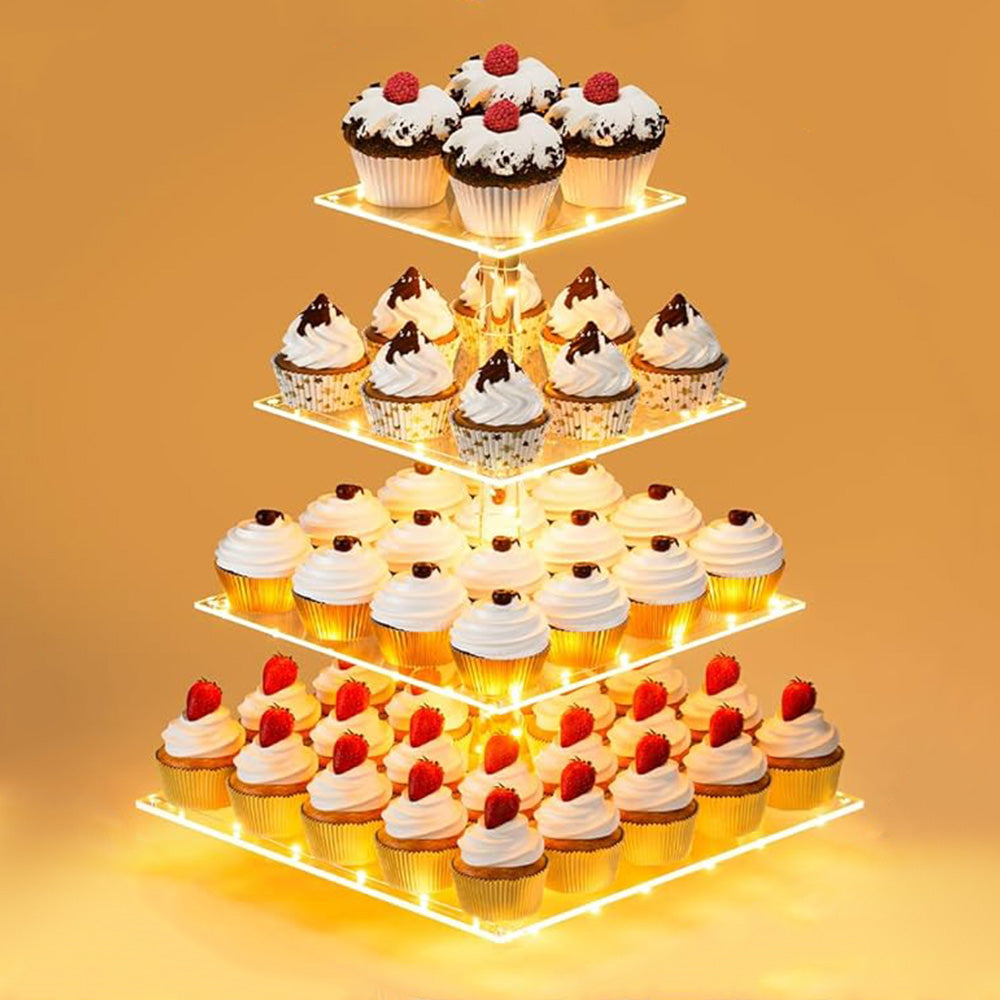 4 Tier Cupcake Stand Acrylic Tower Display with LED Light Holder for Party Decor