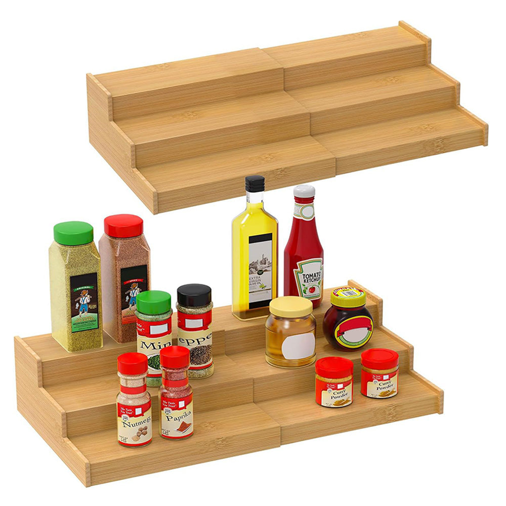 3-Tier Expandable Bamboo Spice Rack Organizer Adjustable Kitchen Cabinet Storage