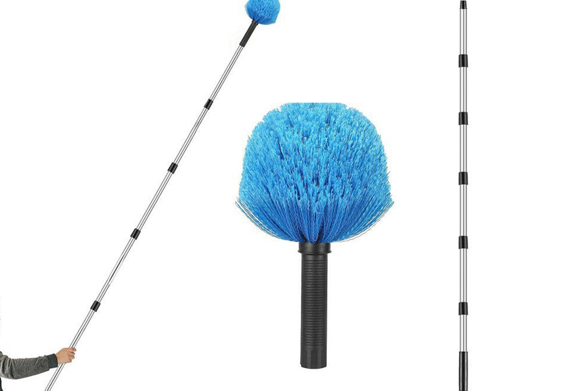 High Reach Blue Cobweb Duster With Extension Pole Spider Web Brush For Outdoor