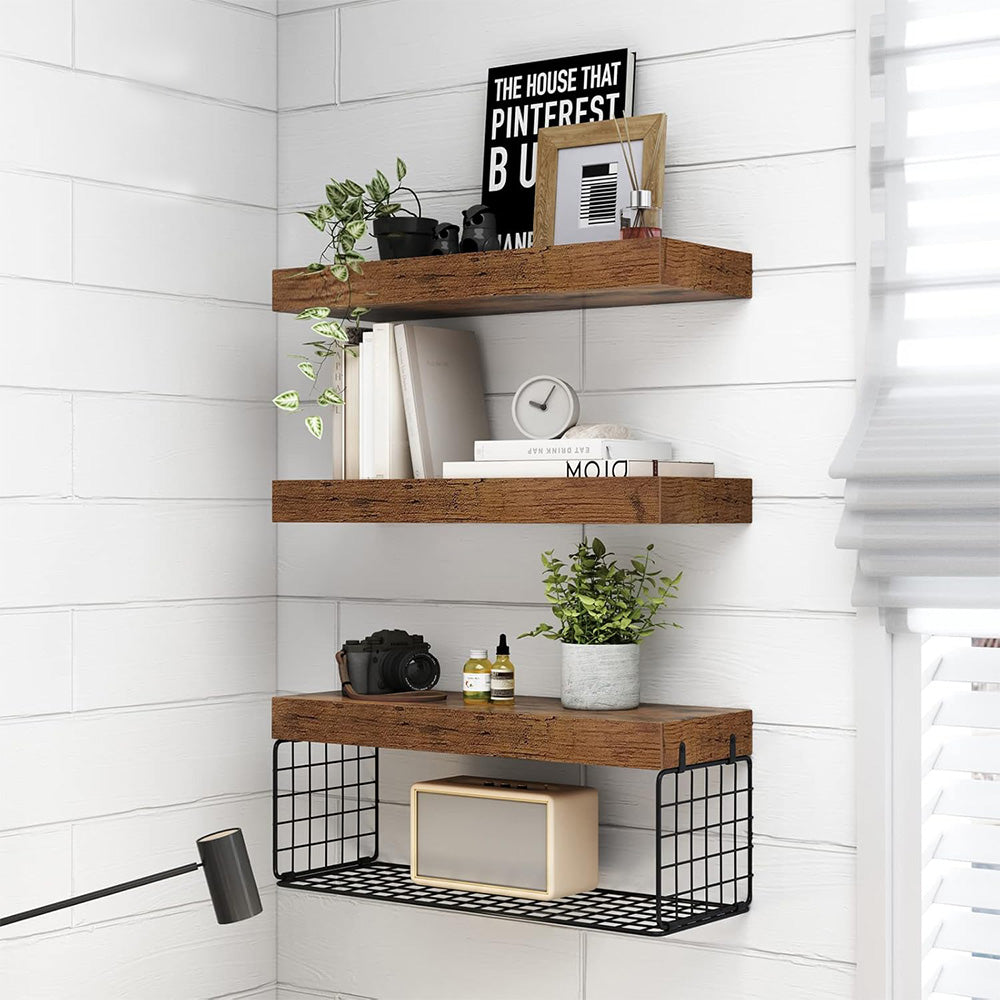 3 Tier Bathroom Shelf Wall Mounted Floating Shelf with Storage Basket
