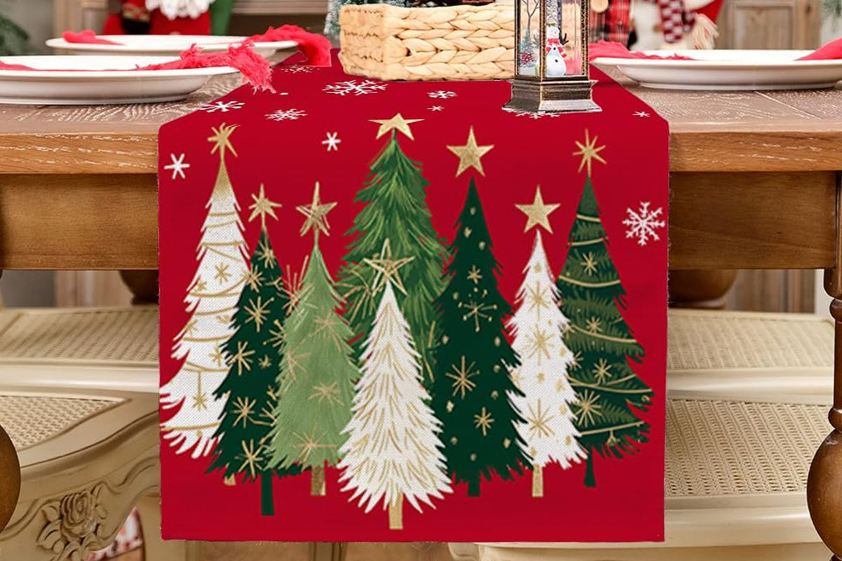 Christmas Table Runner Xmas Trees Tablecloth Cover For Kitchen Dinner Party