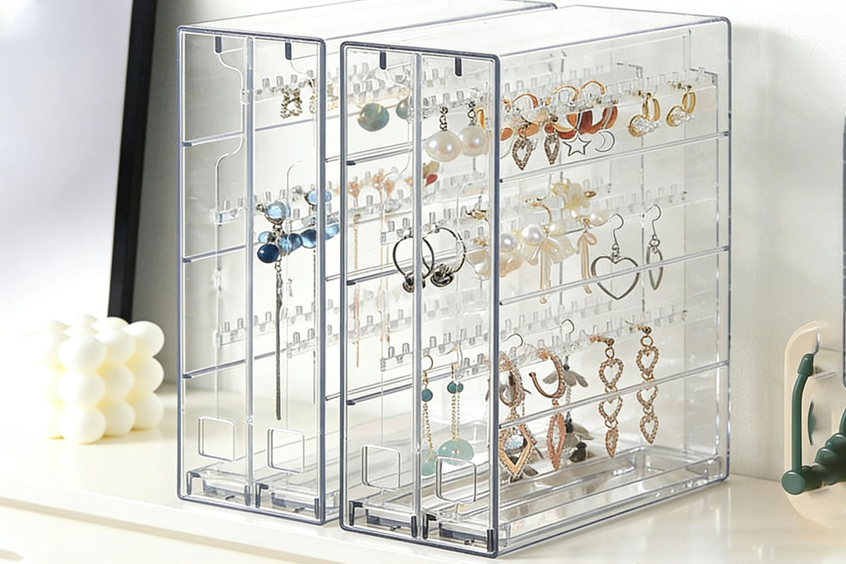 2-Tier Jewelry Organizer with Pull Out Drawer Earring Storage Box Display Case for Earrings Necklace Rings Studs