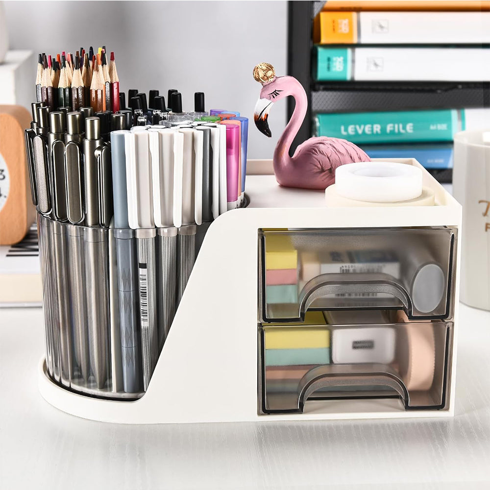 Rotating  Pen Holder with 2 Drawer Multi-Functional