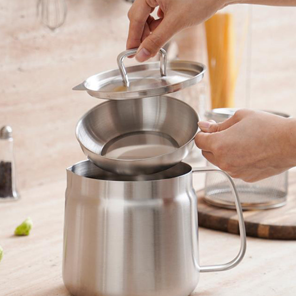 2L Stainless Steel Oil Strainer Storage Pot with Filter Mesh and Cover