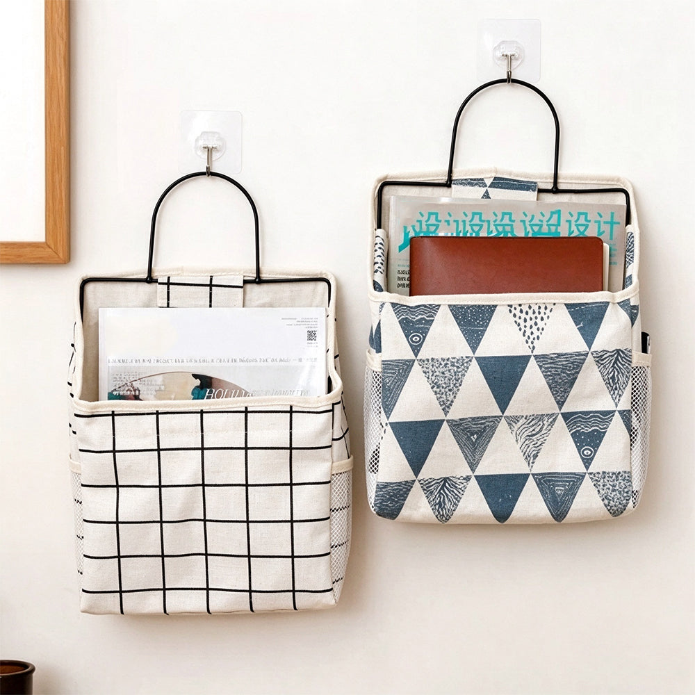 2 Pack Fabric Wall Hanging Storage Bags with Iron Hooks and Mesh Pockets