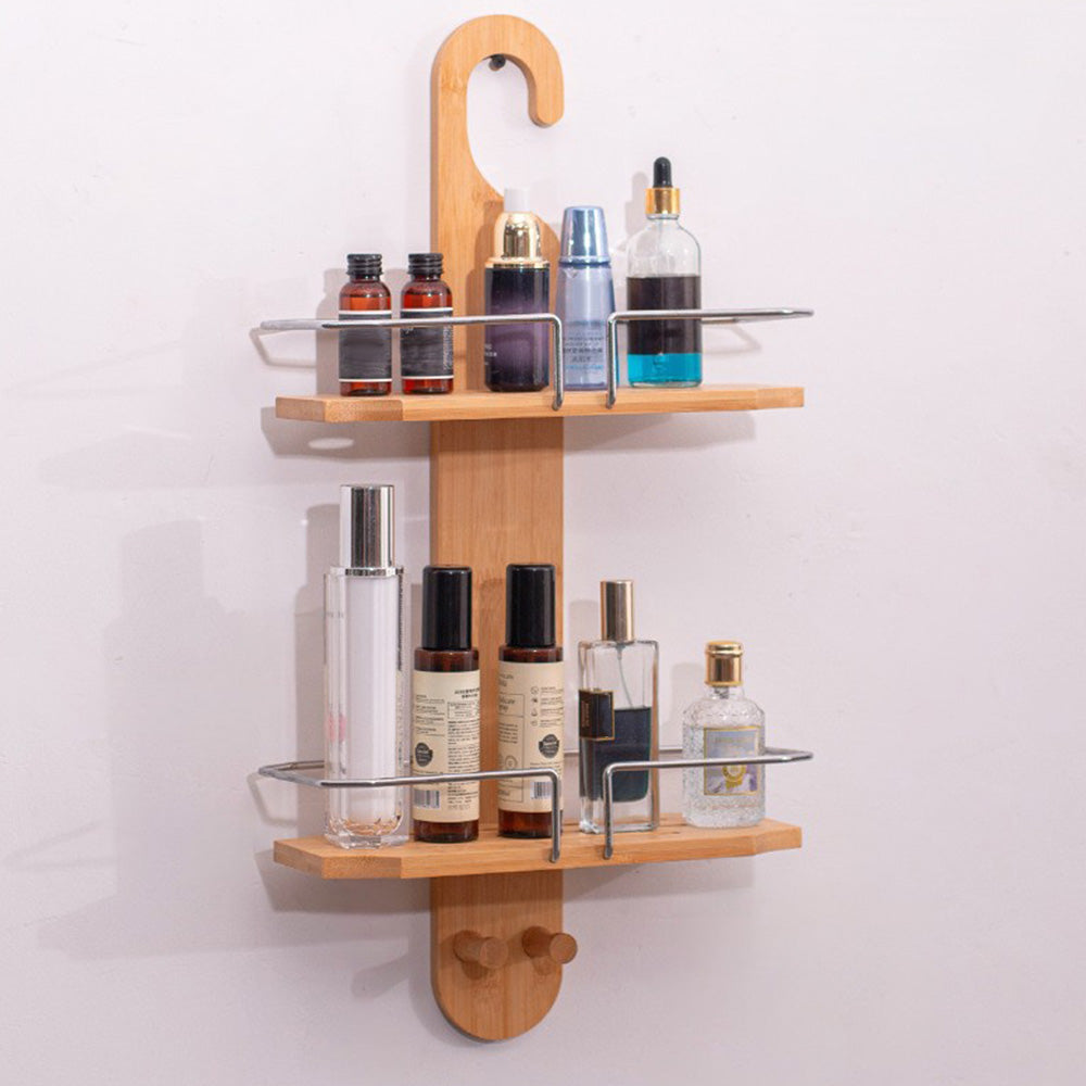 2 Tier Bamboo Shower Caddy with Drain Holes Hanging Organizer for Bathroom