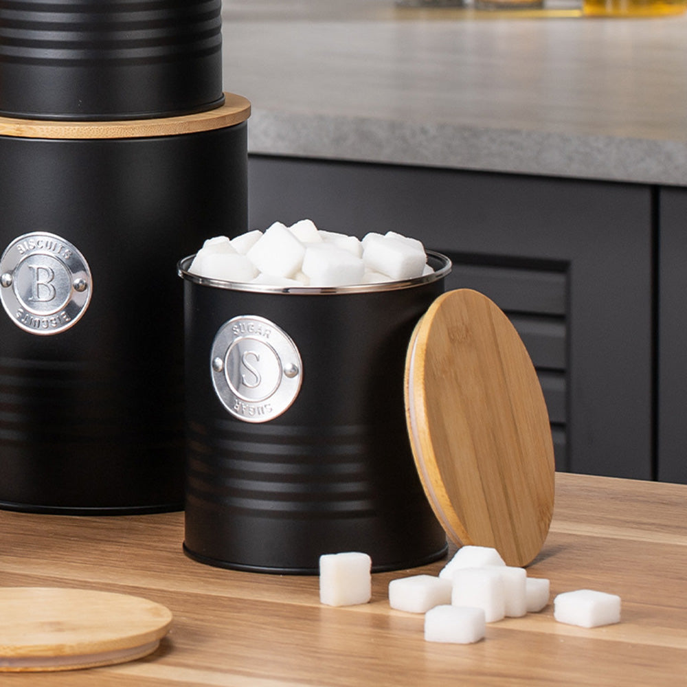 5 Piece Black Bread Bin and Airtight Kitchen Storage Canister Set