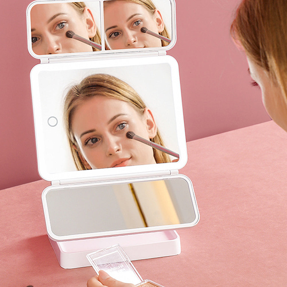 2Pcs Tri-Fold Standing LED Makeup Mirror with 2X 3X Magnification