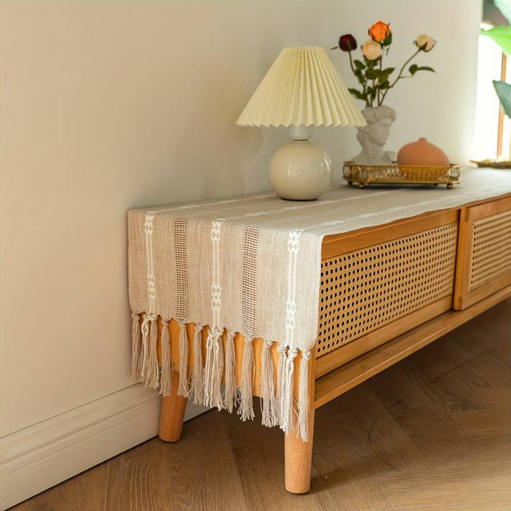 Vintage Farmhouse Woven Table Runner with Tassel for Dining Room Kitchen Reading Dresser