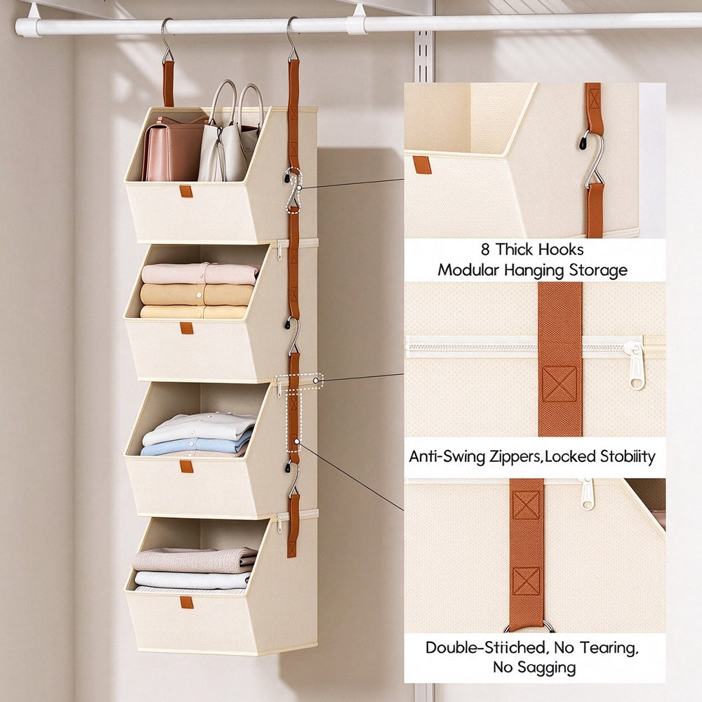 4 Tier Hanging Closet Organizer Shelf with Zip Connected Storage Layers