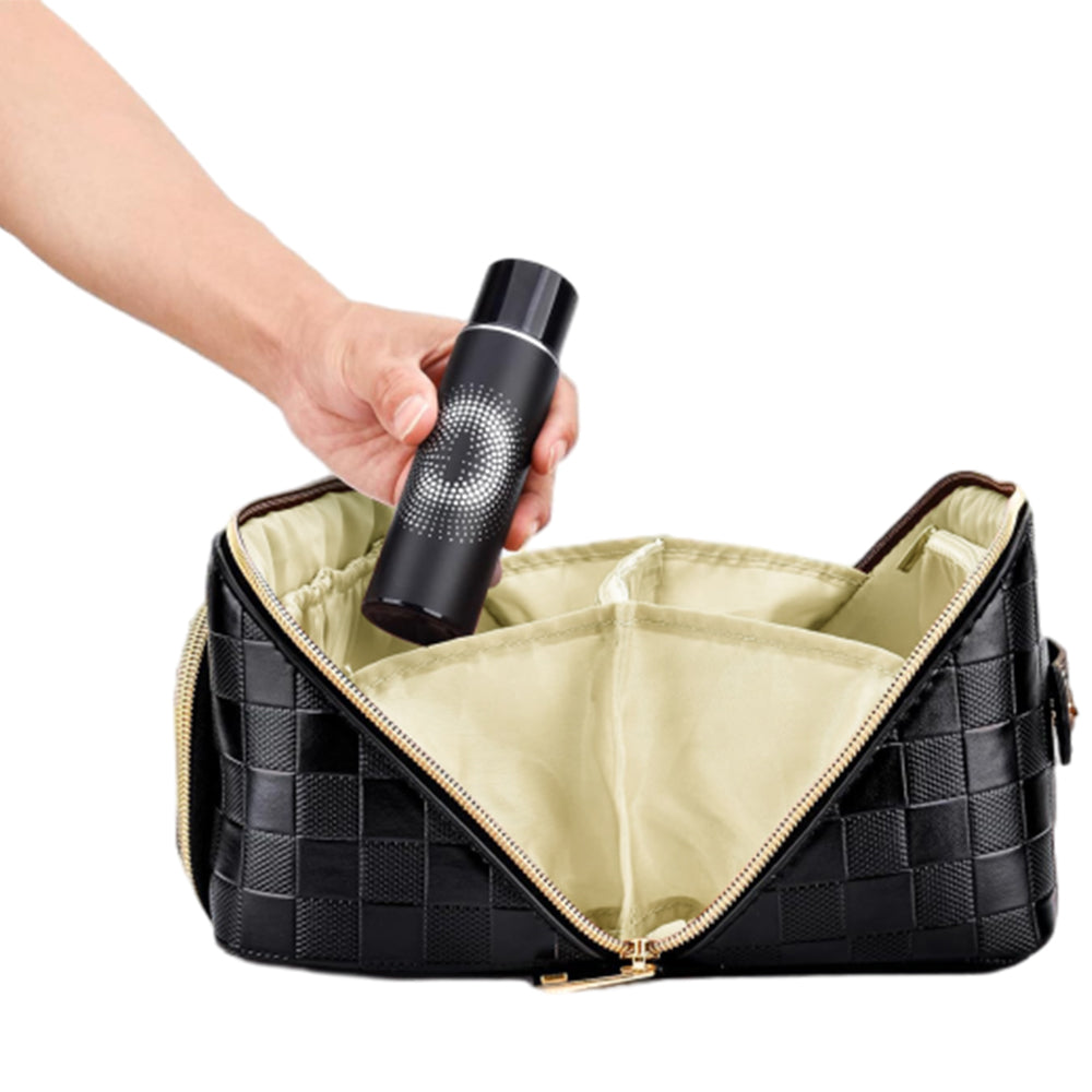 Large Capacity PU Leather Water-Resistant Checkered Cosmetic Bag Travel Makeup Bag