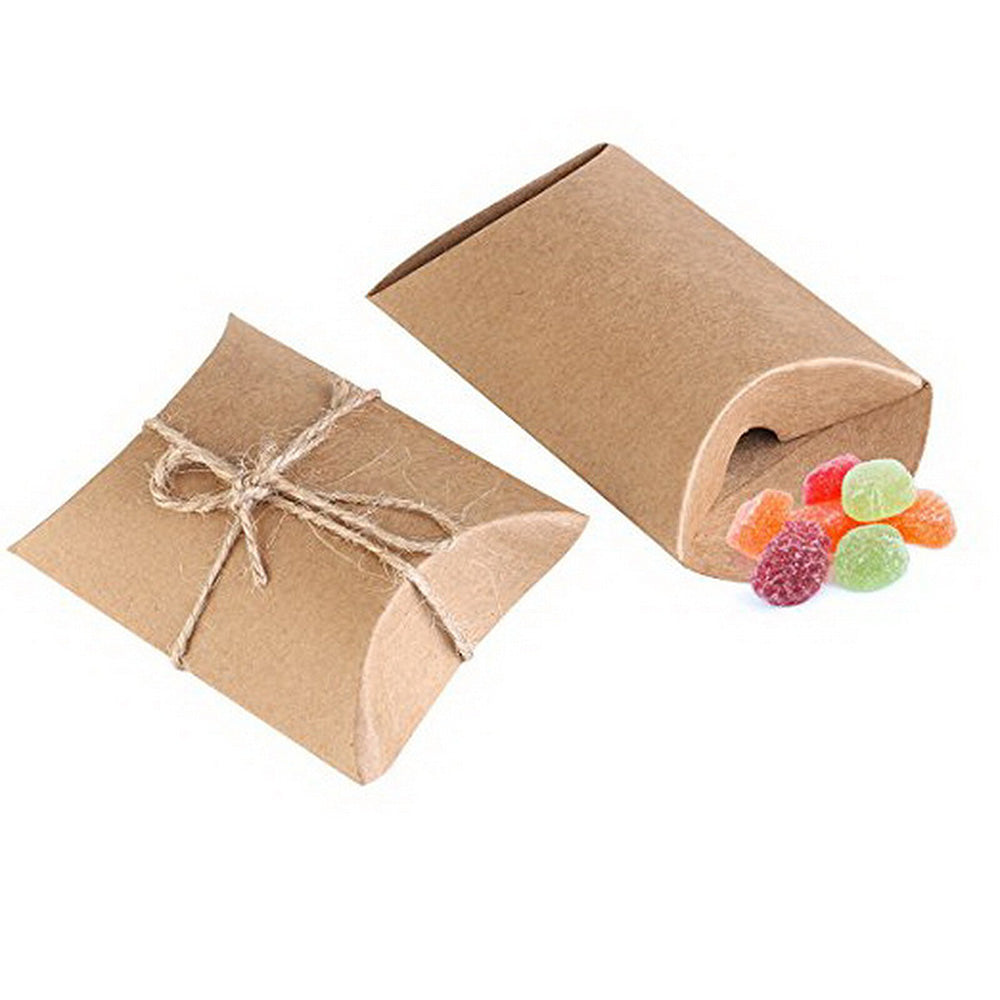 50 Pack Kraft Paper Pillow Gift Boxes with Ribbons for Weddings and Parties