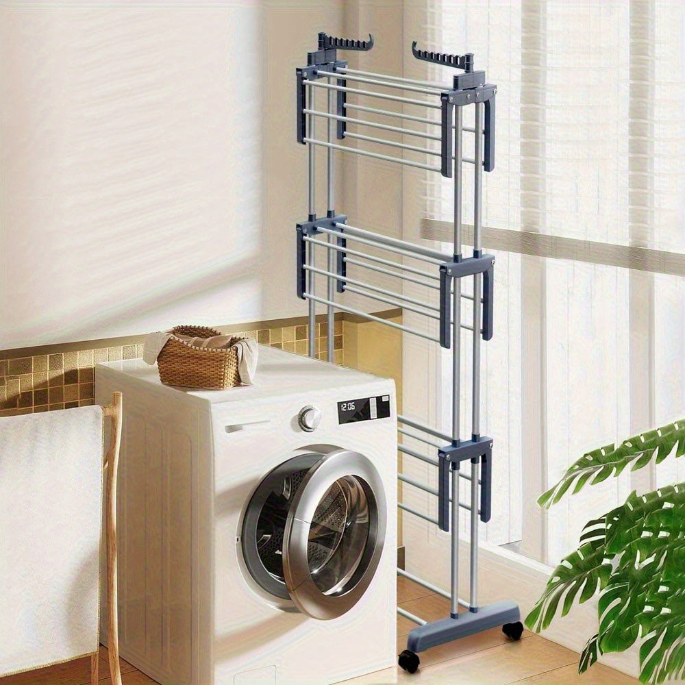 4 Tier Foldable Clothes Drying Rack with Wheels and Storage Hooks